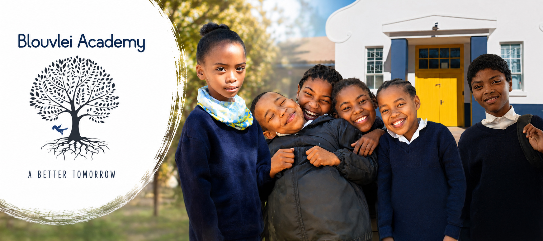 The Blouvlei Academy logo, a tree with deep roots above the words A Better Tomorrow, beside a group of smiling Blouvlei Academy pupils outside the school