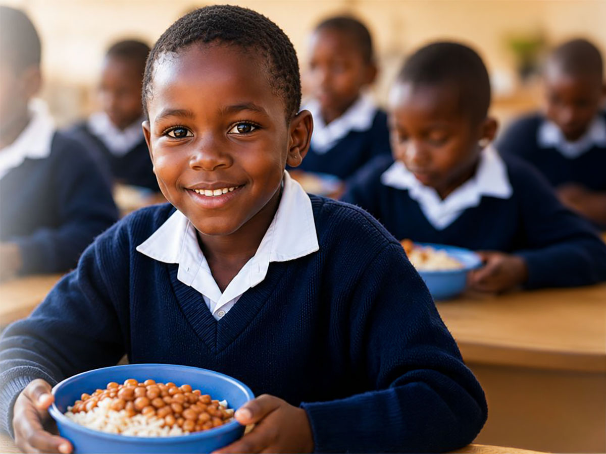 A Blouvlei Academy pupil in school uniform smiling over a bowl of rice and beans from the school's daily feeding scheme, with classmates eating behind him