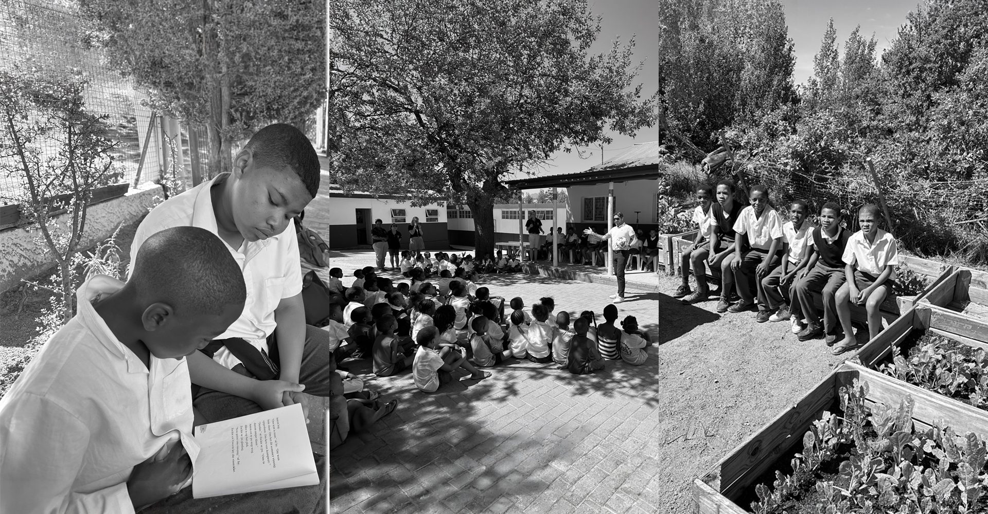 Children at Blouvlei Academy reading together, gathered for assembly, and tending the vegetable beds